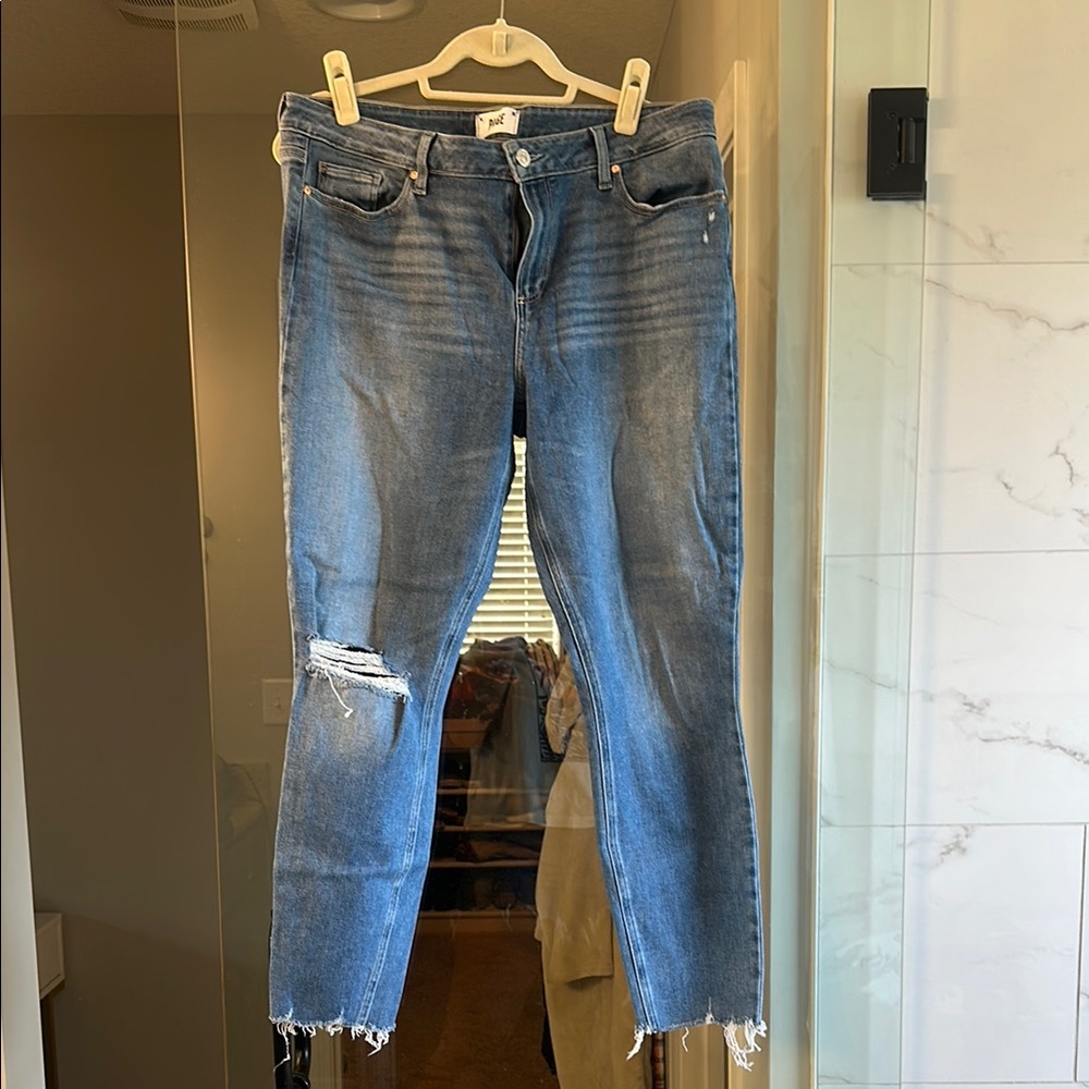 PAIGE Blue Cropped Ankle Jeans with Distressed Details